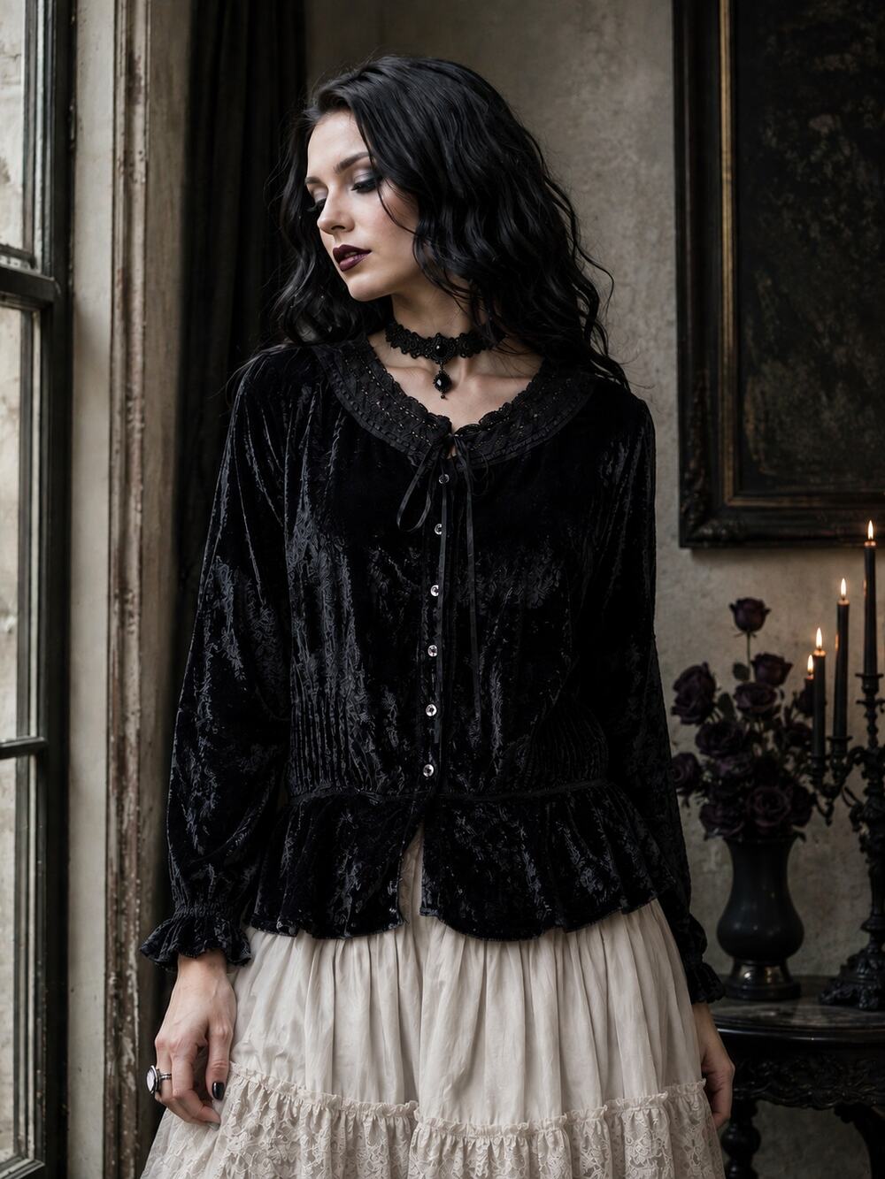Vintage Y2K  Faded Glory Black Velvet Blouse XL 16/18  Crochet Collar Gothic